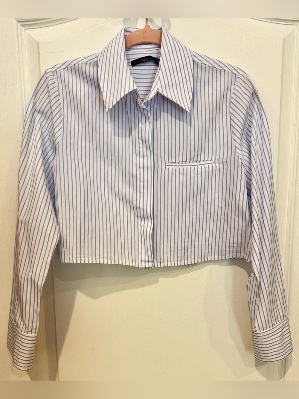 DELUC Cotton Cropped Long Sleeve Button Up Blouse Blue White Stripes Small